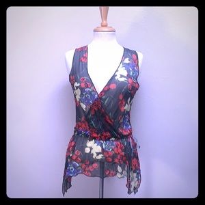Silk faux wrap sexy beaded floral chiffon top